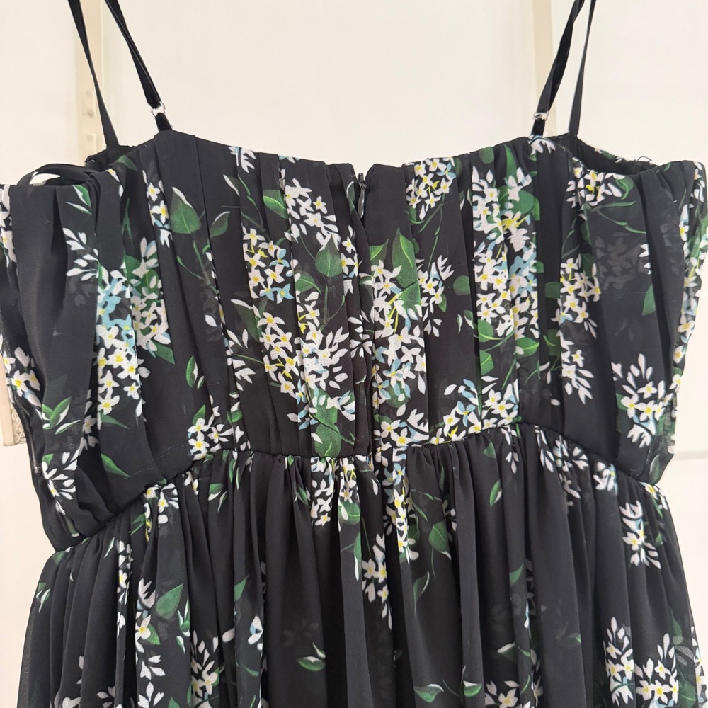 Sau Lee Georgina Ditsy Floral Gown Black Chiffon Pleated Bustier Maxi Dress Sz 4 - Picture 12 of 13